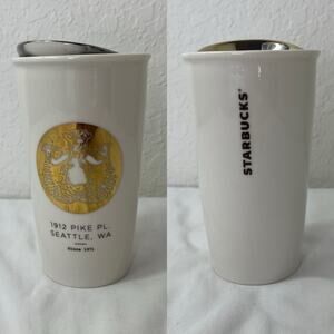 Starbucks ceramic tumbler 1912 Pike Pl. Seattle, WA gold mermaid, coffee, 12 oz